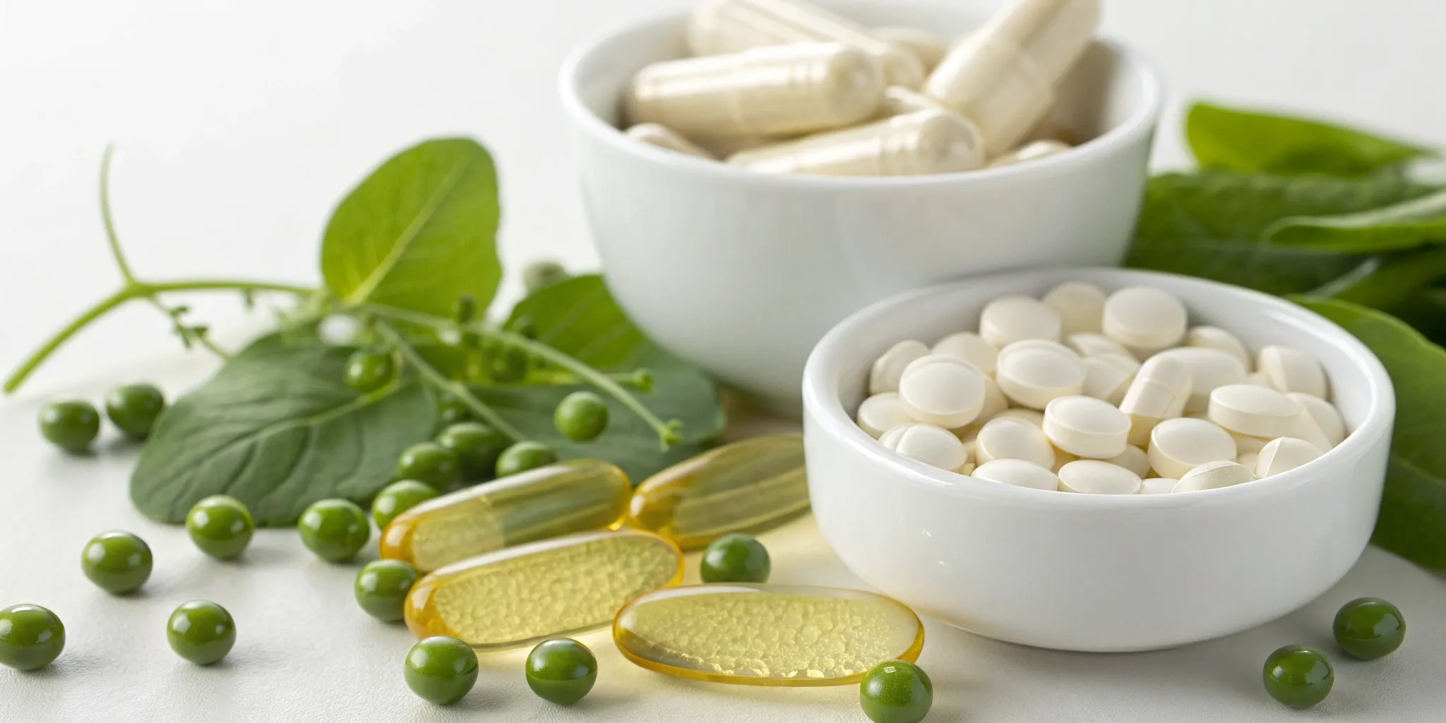 Various forms of Palmitoylethanolamide (PEA) supplement with green leaves.