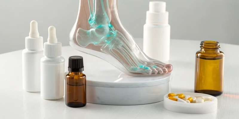 Supplements to buy for foot neuropathy with pills, dropper bottles, and a foot model.