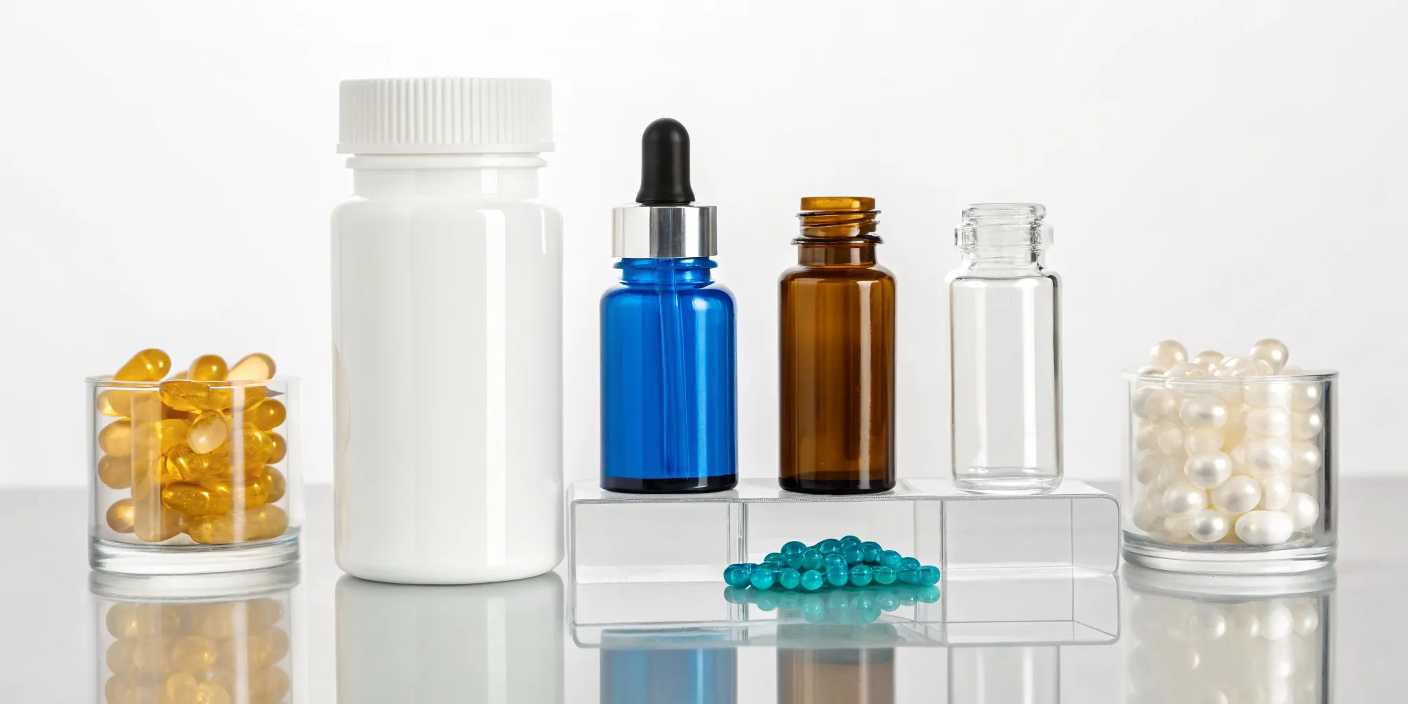 A collection of supplements in bottles and capsules for nerve regeneration.
