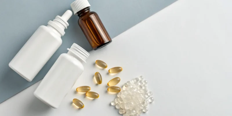 A guide to buy neuropathy relief capsules, showing supplement bottles on a table.