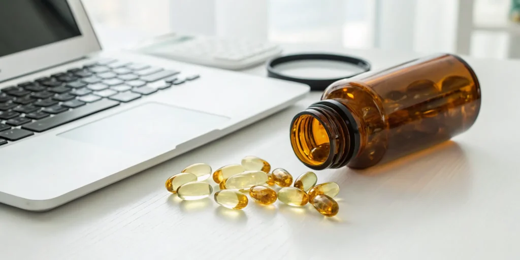 A bottle of nerve health capsules next to a laptop for researching which supplement to buy.