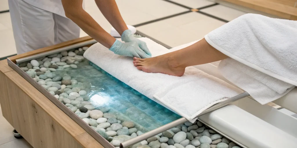 Soaking feet in a cool water basin to soothe burning pain from neuropathy.