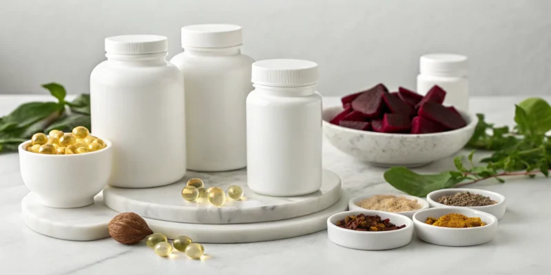 Bottles of the best supplements for circulation in legs, with capsules and natural ingredients.