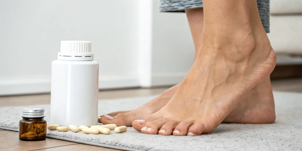 A person's feet next to bottles of the best supplements for nerve repair.
