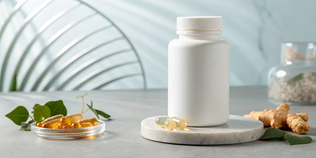 Bottle and capsules of a natural nerve support formula to buy.