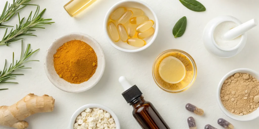 Natural remedies for peripheral neuropathy featuring turmeric, essential oils, and vitamin supplements.