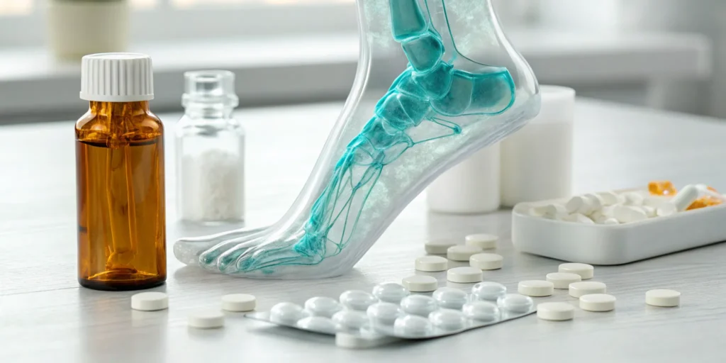 Supplements for nerve damage in feet, including bottles and pills, next to a foot anatomy chart.