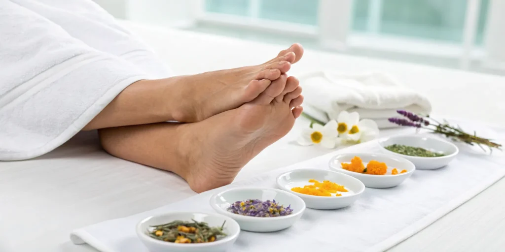 Herbs in bowls for nerve pain in feet, with feet wrapped in a towel.