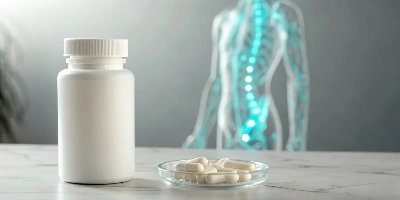 PEA supplement capsules and bottle for natural nerve pain relief.