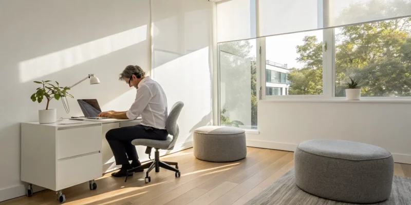 Man at his desk learning how to reduce nerve discomfort in his legs.