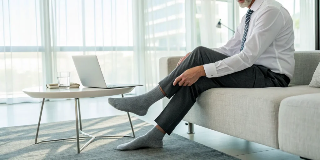 Man elevating legs to relieve leg pain from poor circulation.