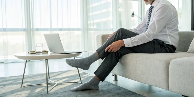 Man elevating legs to relieve leg pain from poor circulation.