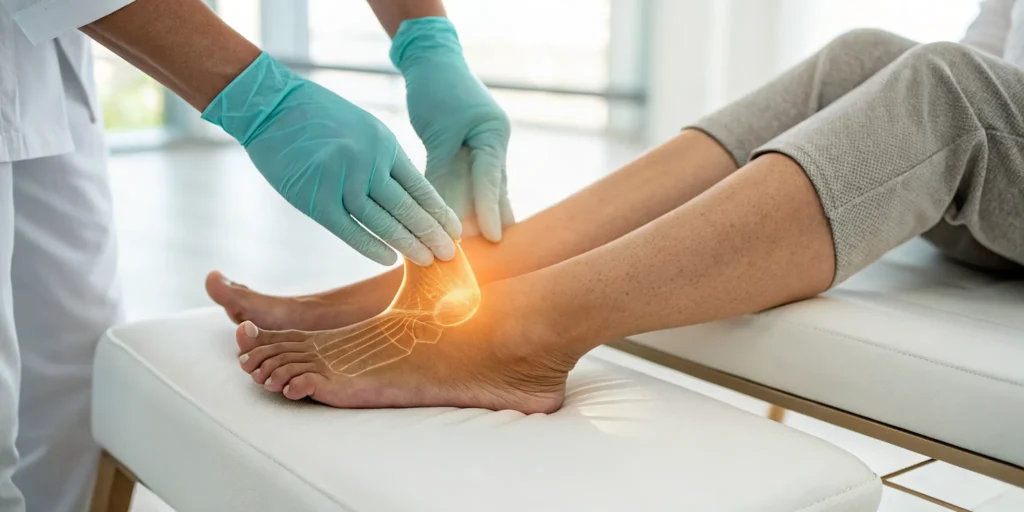 Doctor examining a foot to find a way to stop neuropathy pain.