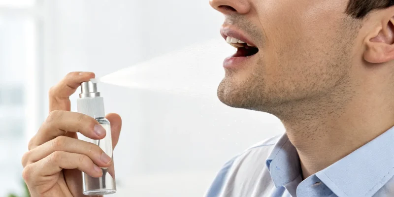 Man applying a sublingual spray for nerve pain under his tongue.