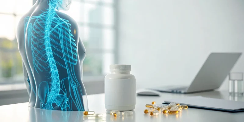 A bottle of nerve support formula with capsules in front of a diagram of the nervous system.