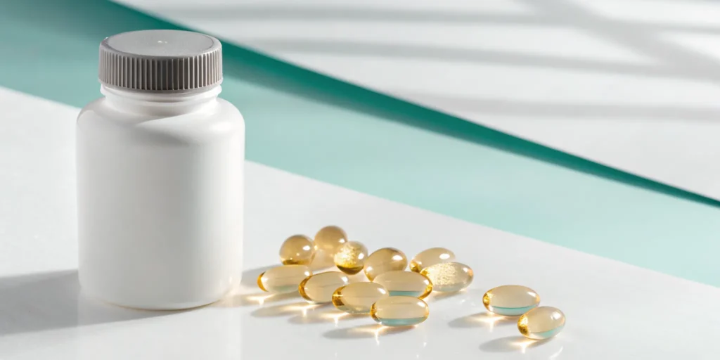 A white bottle and several yellow nerve relief capsules for nerve support.