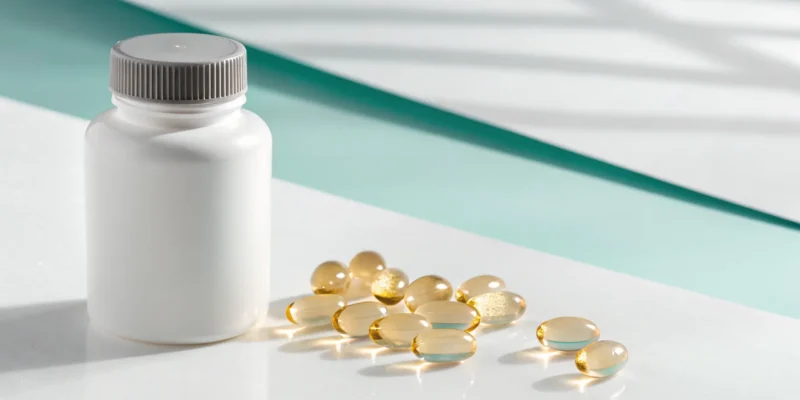 A white bottle and several yellow nerve relief capsules for nerve support.