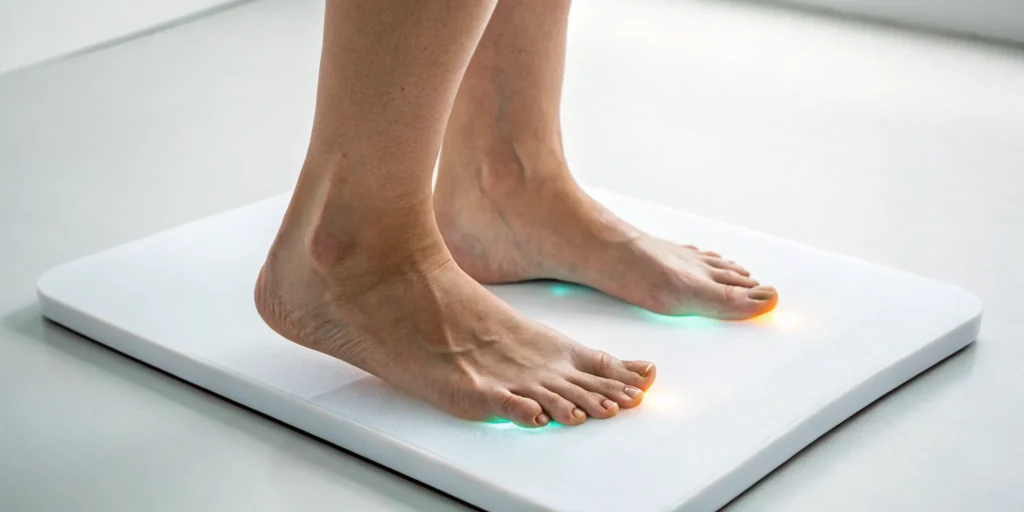 Feet on a digital mat, part of understanding what triggers neuropathy in feet.
