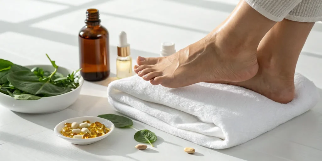 Bare feet with spinach and vitamin supplements that help with tingling in feet.
