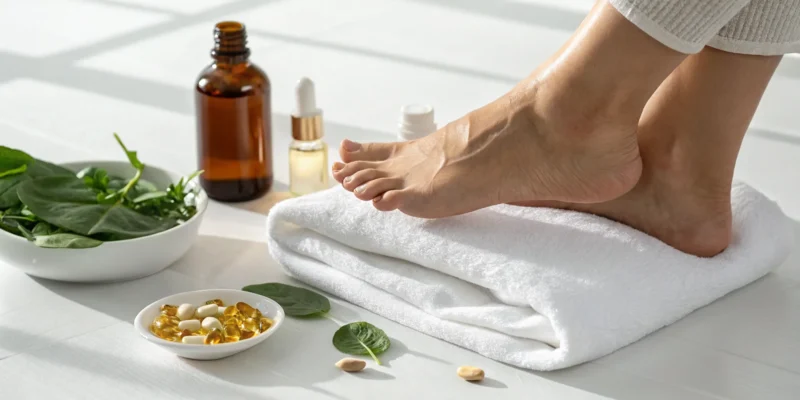 Bare feet with spinach and vitamin supplements that help with tingling in feet.