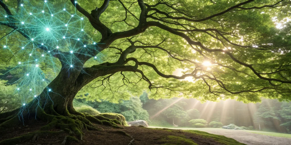 Ancient tree with a glowing neural network pattern for supplements to improve nerve function.