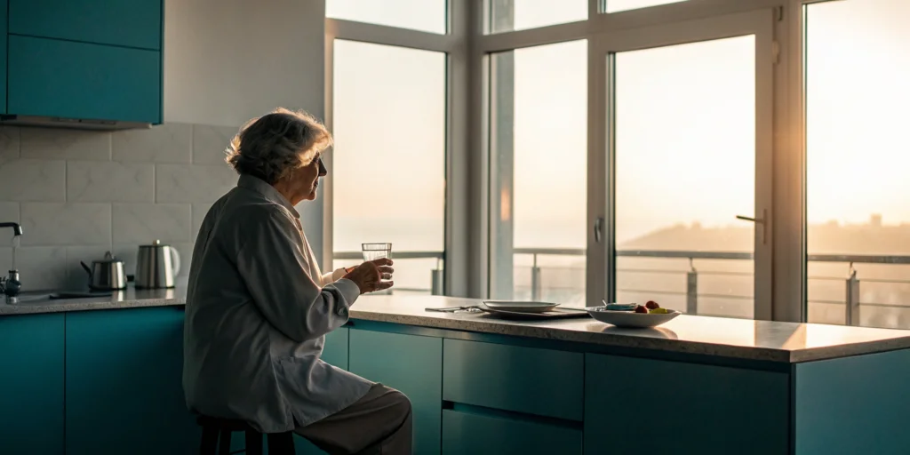 Person at a kitchen table in the morning deciding the best time to take their PEA supplement.