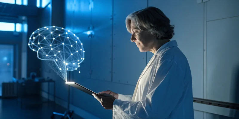 Scientist reviews the effectiveness of a nerve support formula on a tablet with a digital brain.